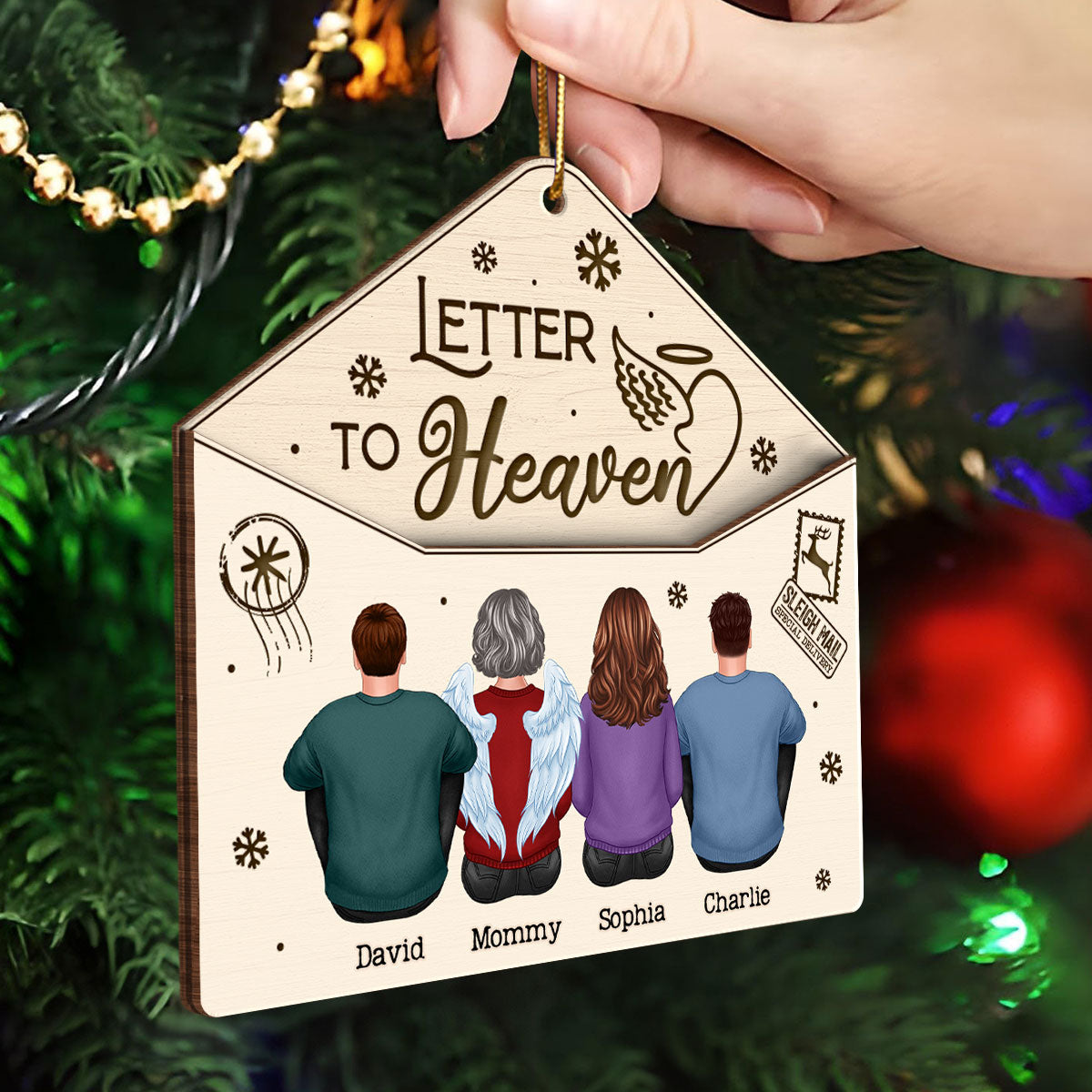 Letter To Heaven Family Sitting Memorial Personalized 3-Layer Wooden Ornament