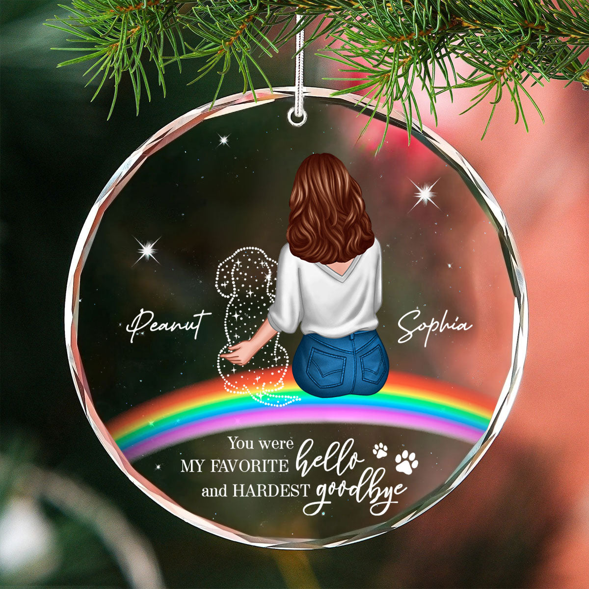 Rainbow Bridge Dog Memorial Pet Loss Keepsake Personalized Glass Ornament