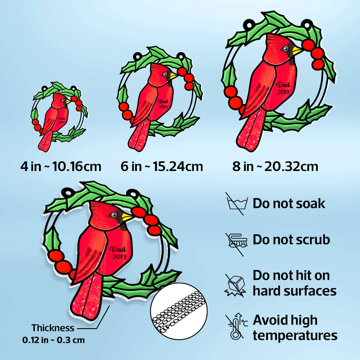 Christmas Wreath Cardinal Memorial Personalized Window Hanging Suncatcher Ornament, Sympathy Gift