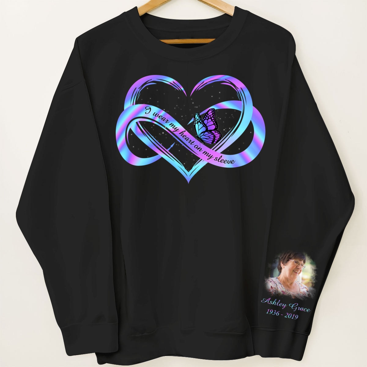 I Wear My Heart On My Sleeve Memorial, Sympathy Gift, Personalized Sleeve Printed Sweatshirt