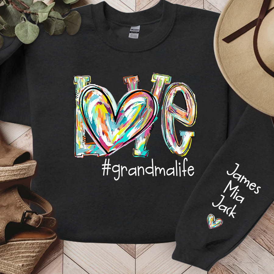 Love Grandma Life Color Clipart Custom Sweatshirt, Custom Grandmalife With Kids Names On Sleeve Sweatshirt