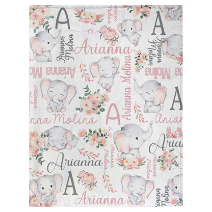 Personalised Floral Cute Elephant Girl Blanket with Name Christmas Birthday Baby Shower Gift for Baby Kid Family