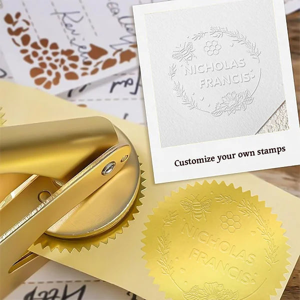 Personalized Bee Floral Design Laser Engraved Book Embosser Library Stamp with Text Hand Held Set Birthday Gift for Bookworm Book Lovers