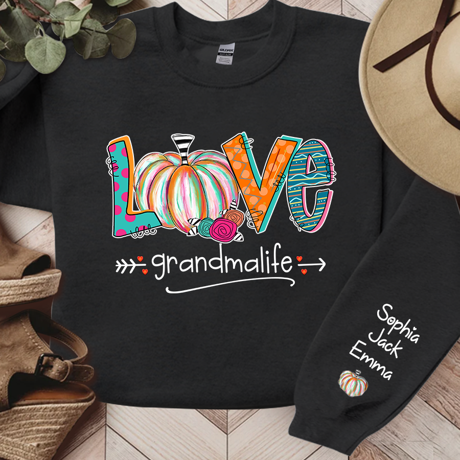 Love Grandma Life Pumpkins Grandkids Name Sweatshirt