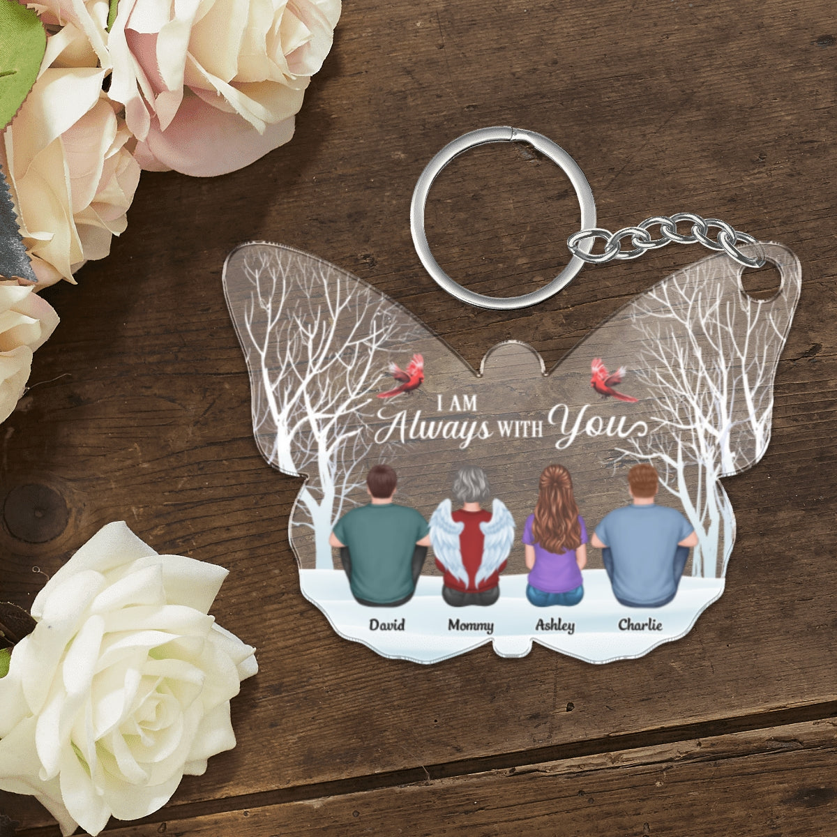 Always With You Memorial Family Back View Personalized Butterfly Shaped Acrylic Keychain