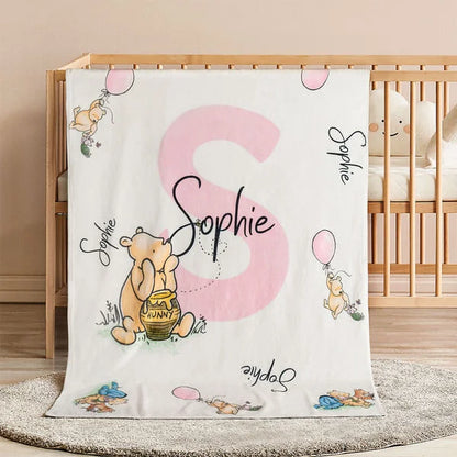 Personalised Soft Classic Winnie the Pooh Throw Blanket with Name and Initial Baby Shower Receiving Gift for Newborns