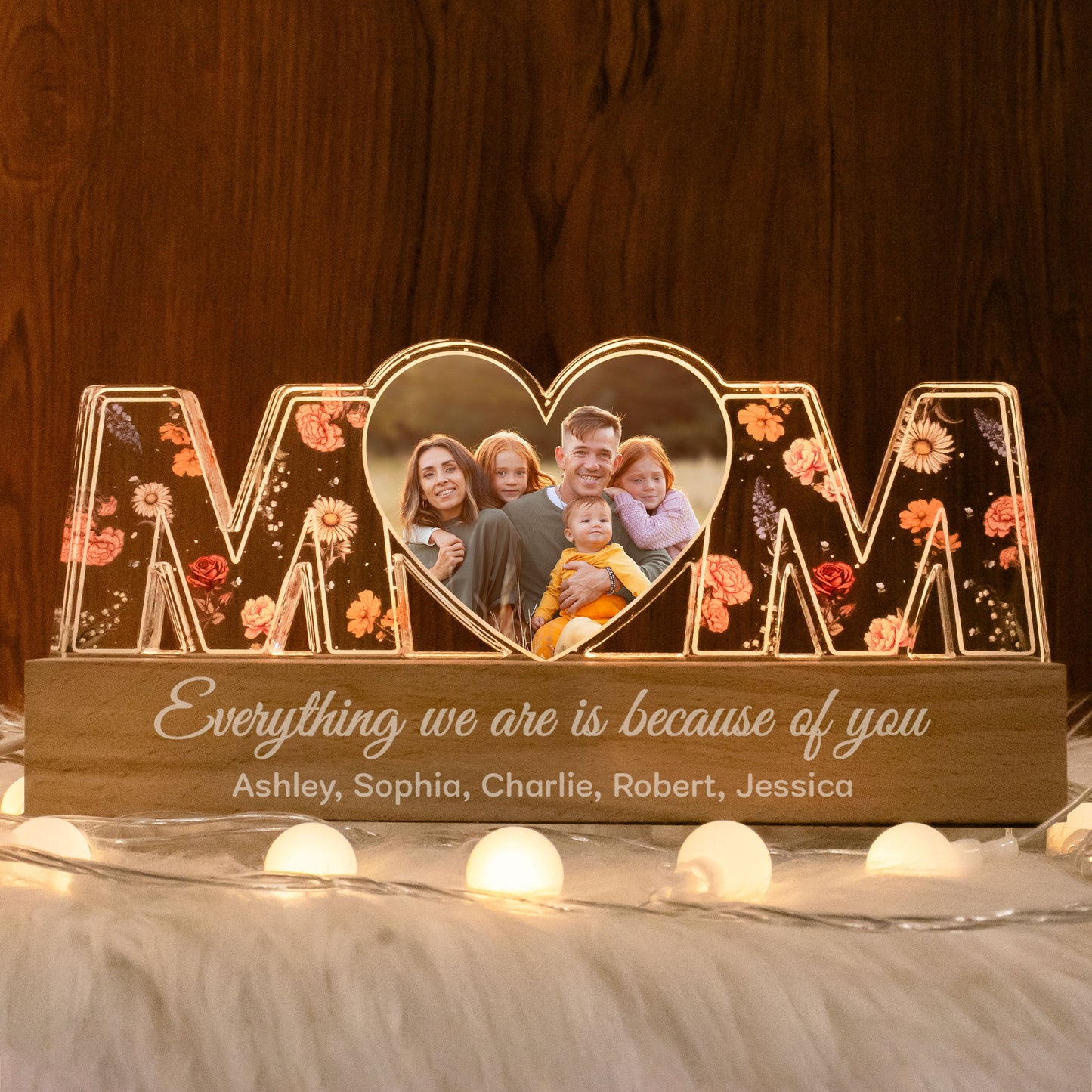 Mom Everything I Am Is Because Of You Birth Month Flower Photo Upload Personalized Led Night Light, Mother's Day Gift