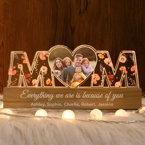 Mom Everything I Am Is Because Of You Birth Month Flower Photo Upload Personalized Led Night Light, Mother's Day Gift