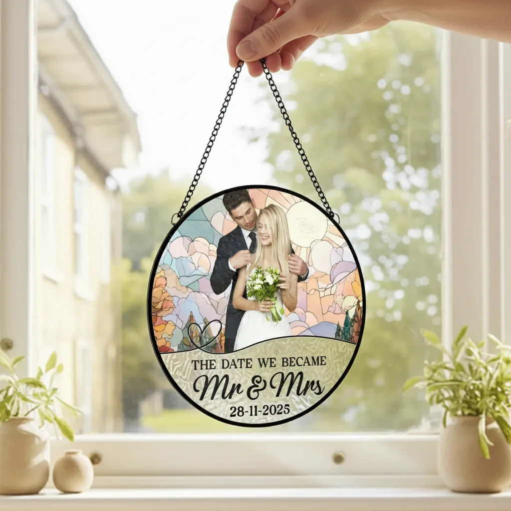 Custom Photo Acrylic Window Hanging Suncatcher - Personalized Anniversary Wedding Gifts For Husband And Wife, Him And Her