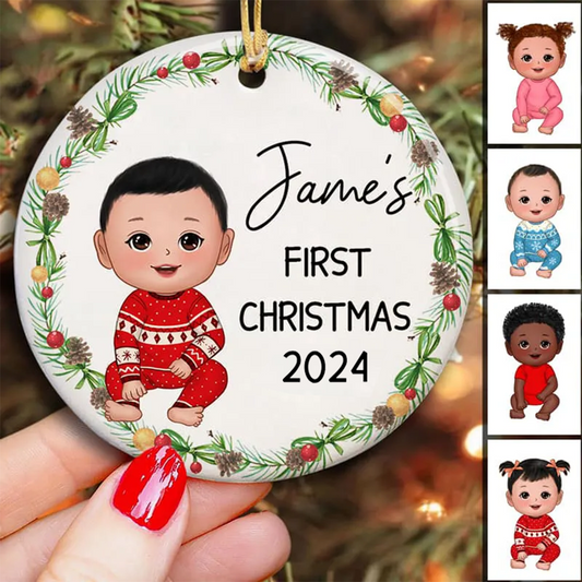 Christmas Wreath Baby First Christmas Doll Personalized Circle Ornament