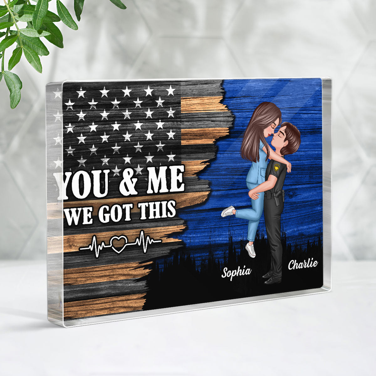 Hero Couple Half Flag Gifts by Occupation Gift For Her Gift For Him Firefighter, Nurse, Police Officer Personalized Acrylic Block Plaque, Anniversary Gift for Couple, Dad Mom