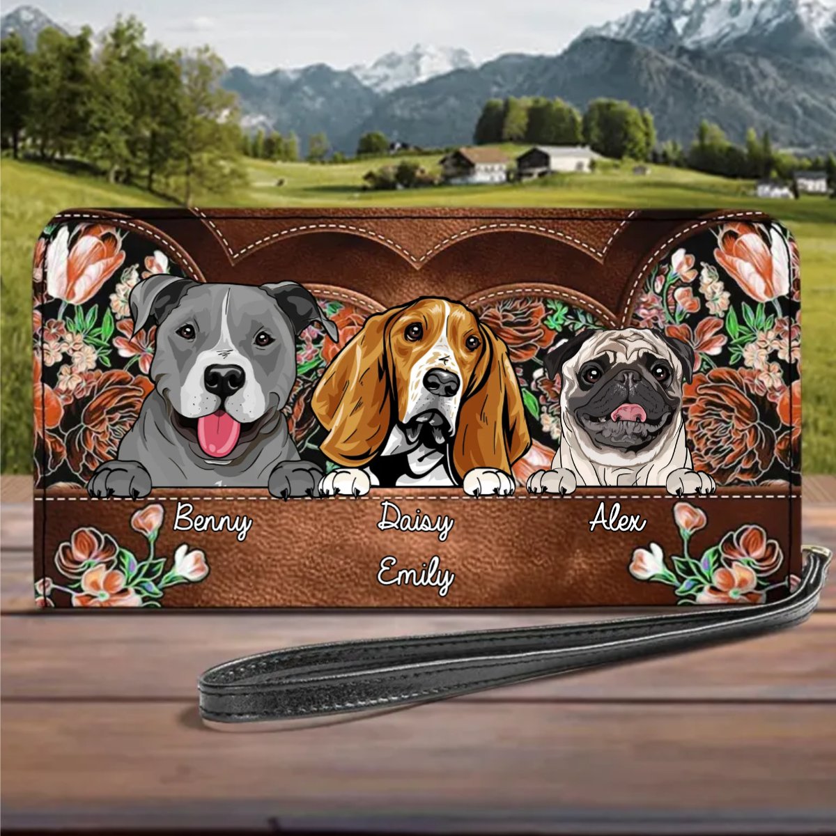 Dog Lovers - Flower Pattern - Personalized Leather Long Purse - The Next Custom Gift
