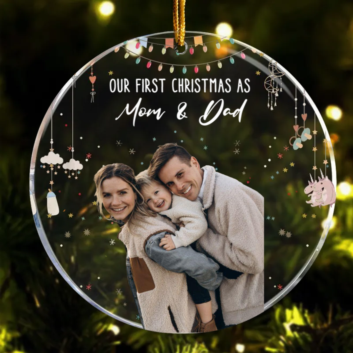 Baby First Christmas As A Family Of Three - Personalized Photo Acrylic Ornament