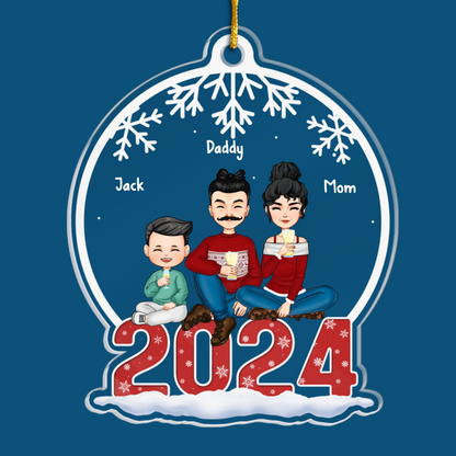 Family Sitting Together - Family Personalized Custom Ornament - Acrylic Snow Globe Shaped - Christmas Gift For Family Members