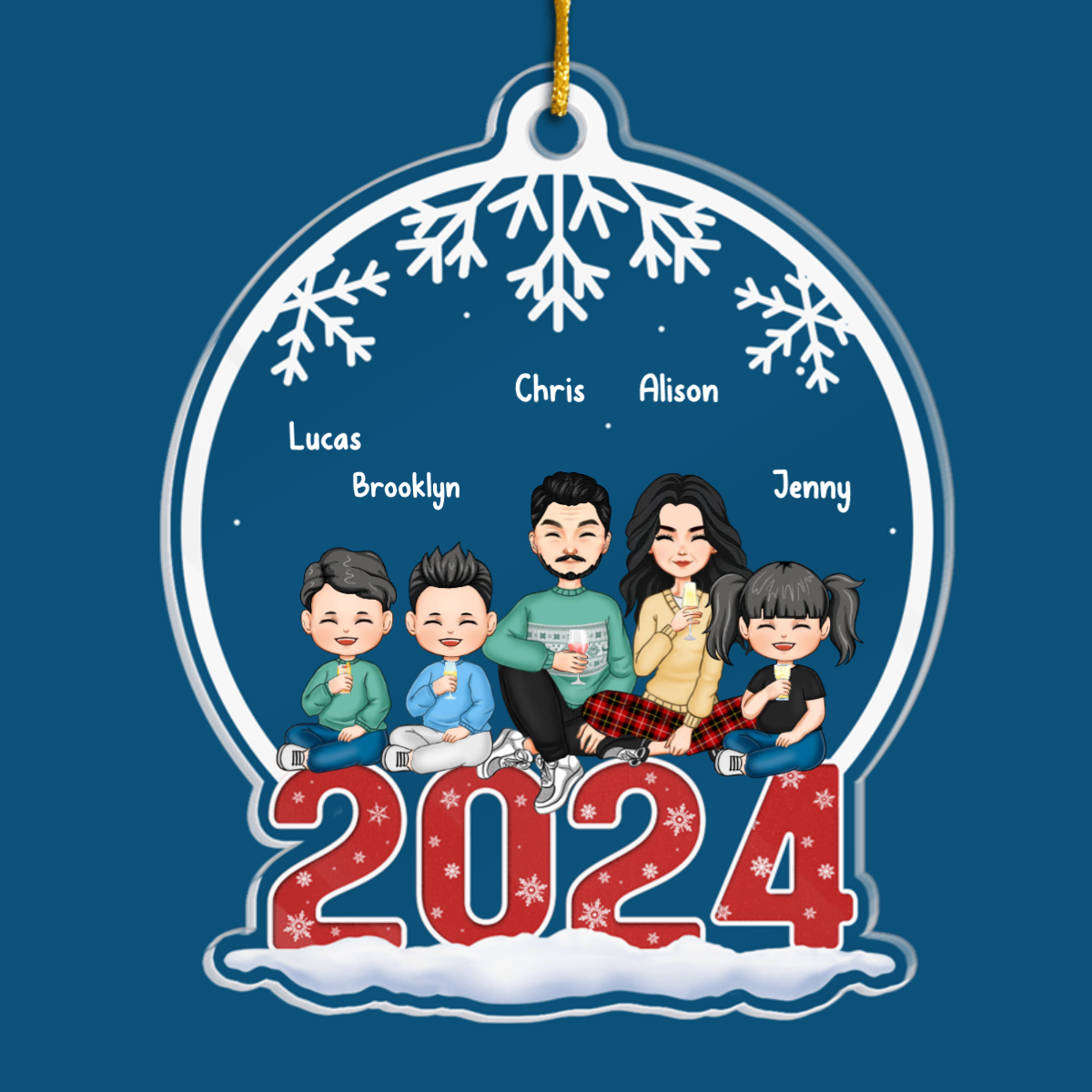 Family Sitting Together - Family Personalized Custom Ornament - Acrylic Snow Globe Shaped - Christmas Gift For Family Members