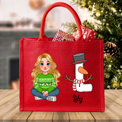 Personalised Snowman Cartoon Character Large Red Burlap Tote Bag with Name and Initial Party Favor Christmas Gift for Kids Adults