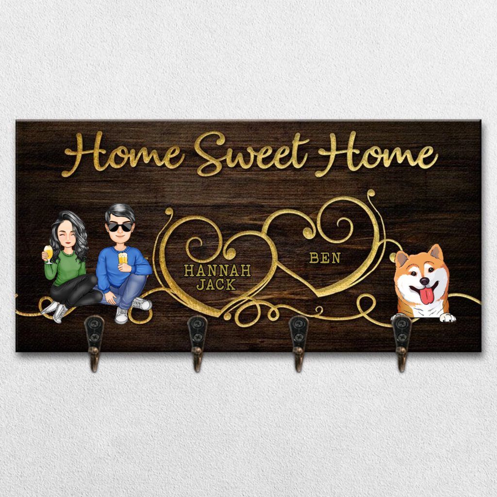 Family Is Complete With Paws And Love - Family Personalized Key Hanger, Key Holder - Gift For Couples, Husband Wife, Anniversary, Pet Owners, Pet Lovers