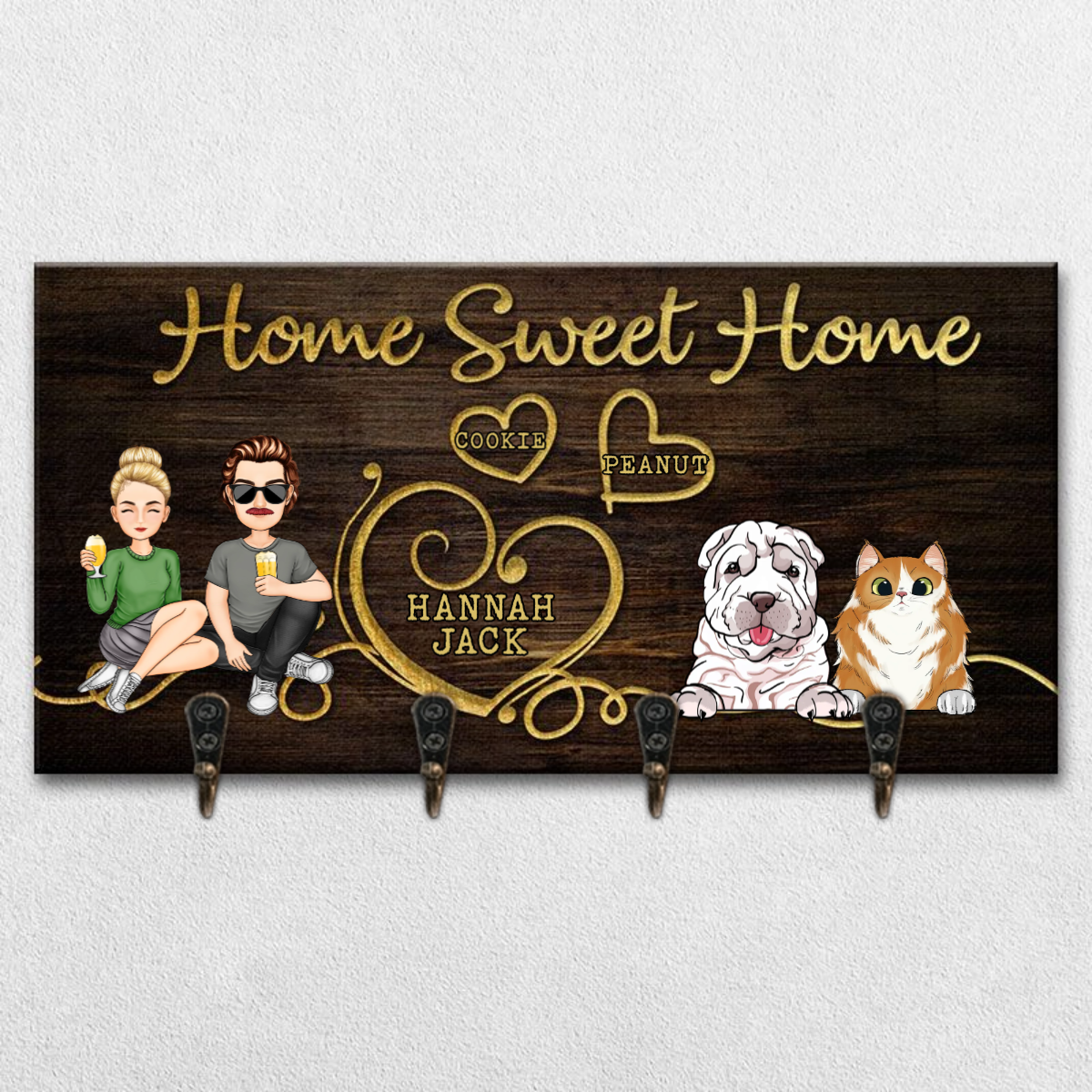 Family Is Complete With Paws And Love - Family Personalized Key Hanger, Key Holder - Gift For Couples, Husband Wife, Anniversary, Pet Owners, Pet Lovers