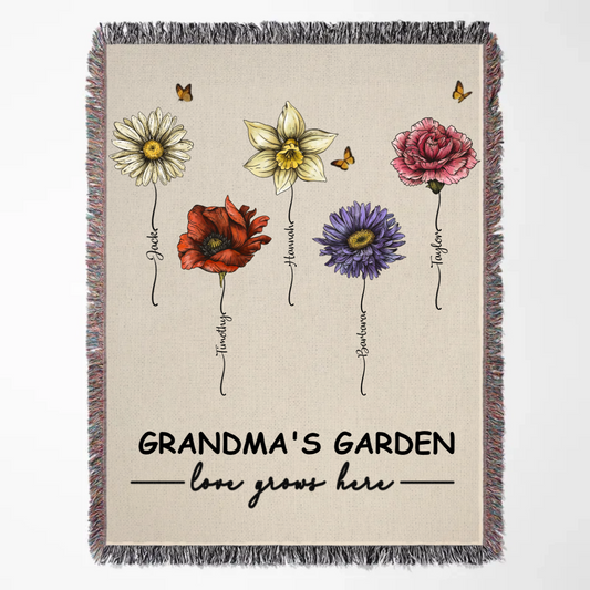 Beautiful Vintage Birth Month Flowers Grandma's Garden Personalized Tapestry Woven Blanket, Gift For Grandma
