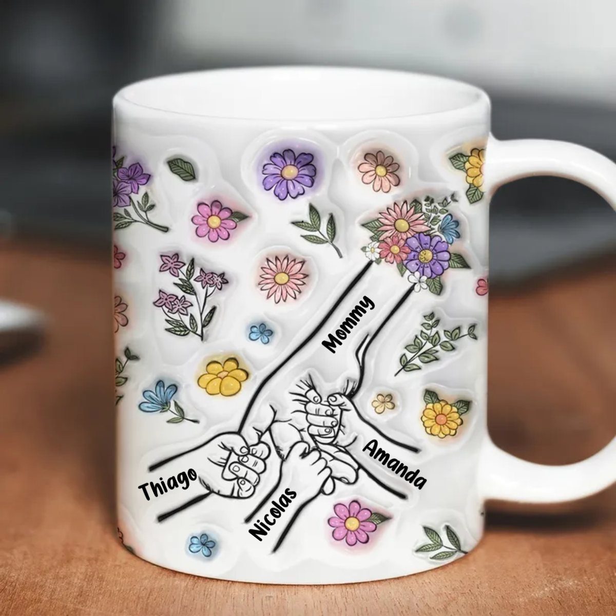 3D Inflated Effect Mother Children Hands Personalized Mug, Heartfelt Mother's Day Gift for Mom