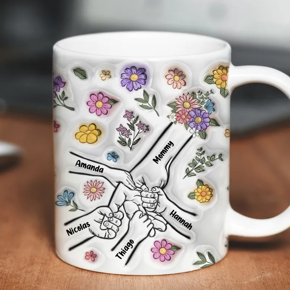 3D Inflated Effect Mother Children Hands Personalized Mug, Heartfelt Mother's Day Gift for Mom