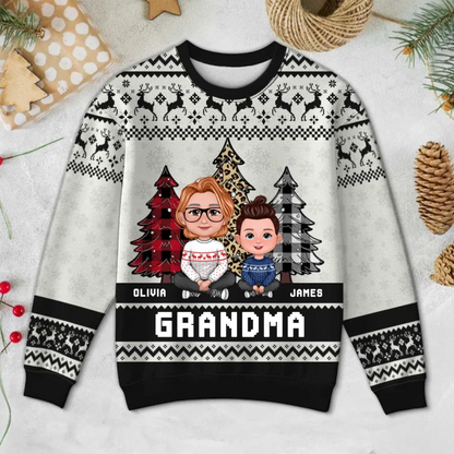 Leopard Checkered Pattern Grandma Grandkids Christmas Personalized Faux Knitting Ugly Sweater