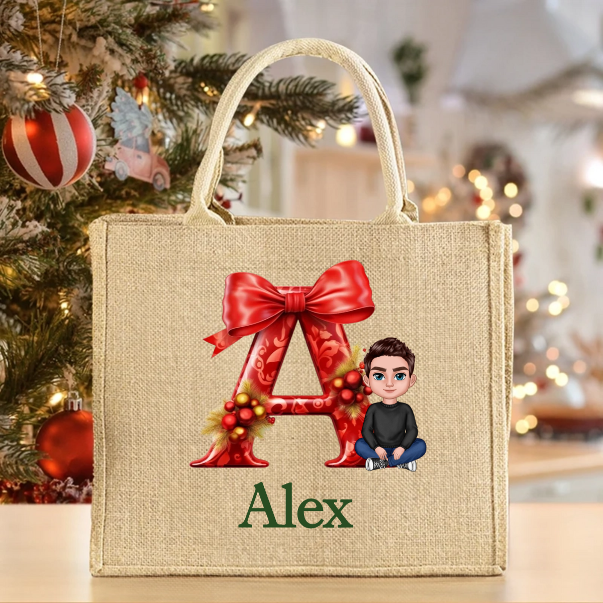 Personalized Cartoon Character Holly Bow Initial Reusable Large Jute Tote Gift Bag with Name Christmas Party Gift for Family