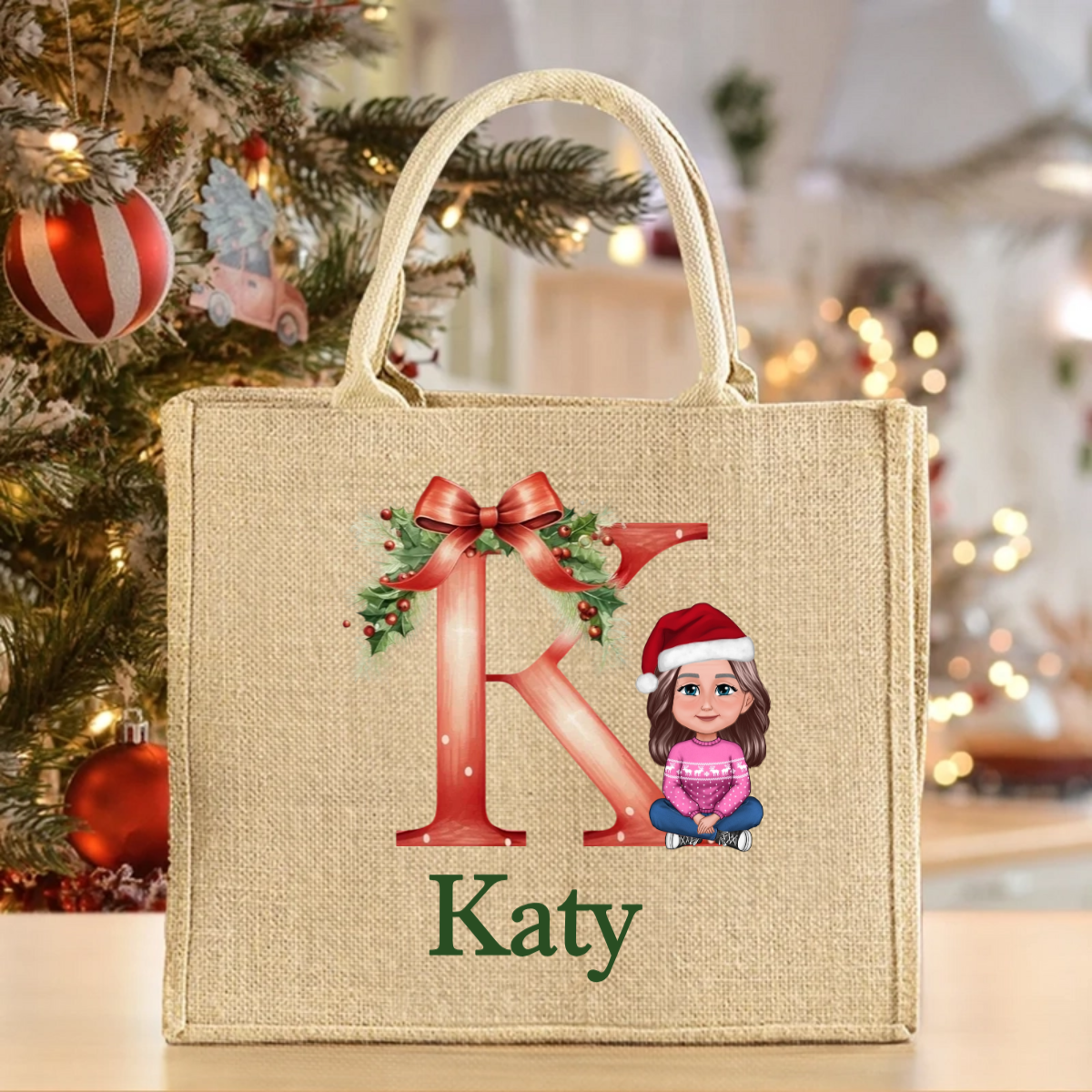 Personalized Cartoon Character Holly Bow Initial Reusable Large Jute Tote Gift Bag with Name Christmas Party Gift for Family