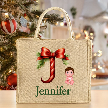 Personalized Cartoon Character Holly Bow Initial Reusable Large Jute Tote Gift Bag with Name Christmas Party Gift for Family