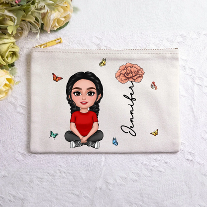 Personalised Multiple Color Cartoon Character Birth Flower Canvas Makeup Bag with Name Travel Accessories Birthday Bridal Party Gift for Women Girls