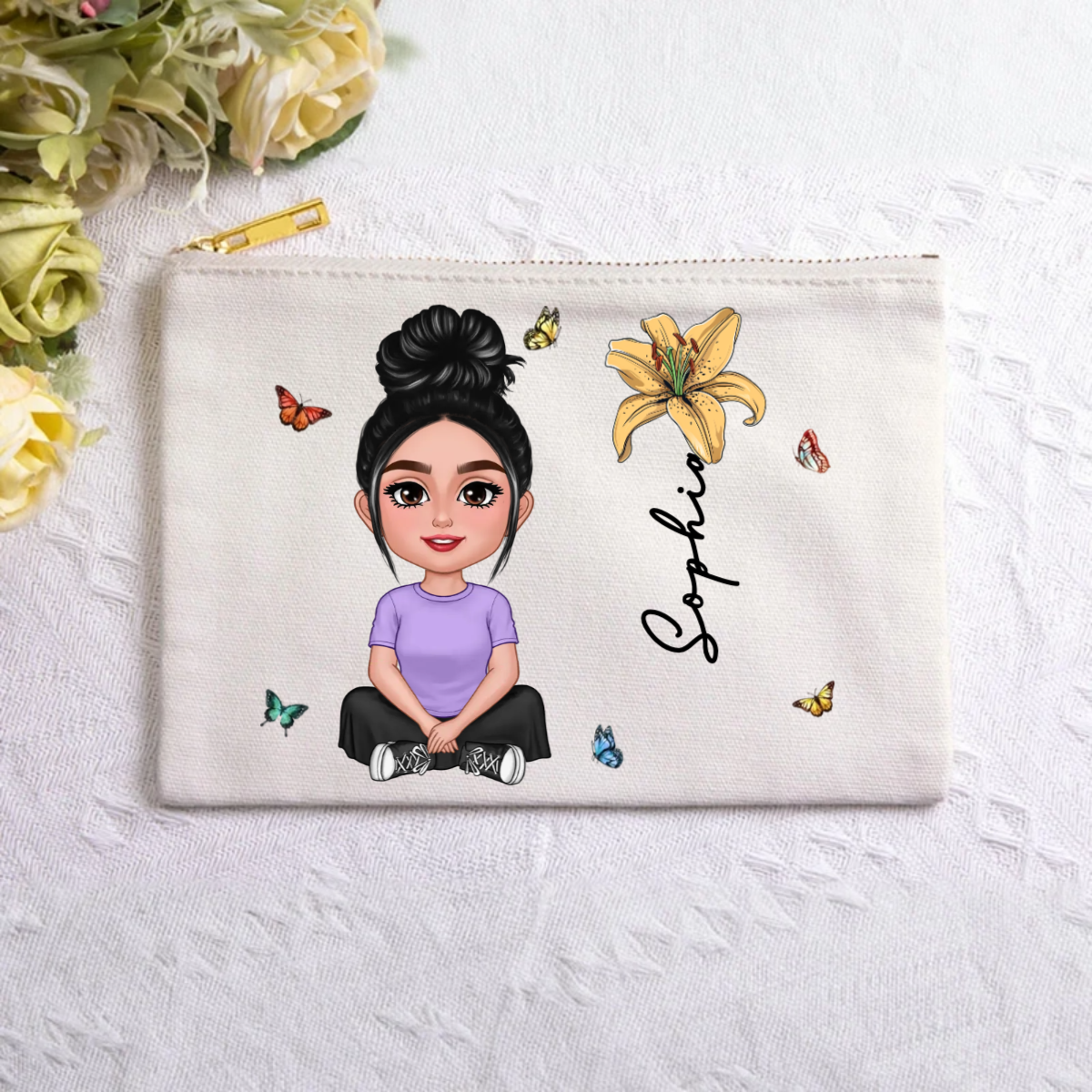 Personalised Multiple Color Cartoon Character Birth Flower Canvas Makeup Bag with Name Travel Accessories Birthday Bridal Party Gift for Women Girls