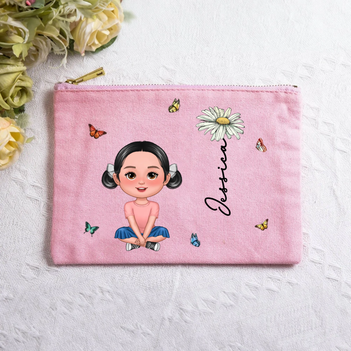 Personalised Multiple Color Cartoon Character Birth Flower Canvas Makeup Bag with Name Travel Accessories Birthday Bridal Party Gift for Women Girls