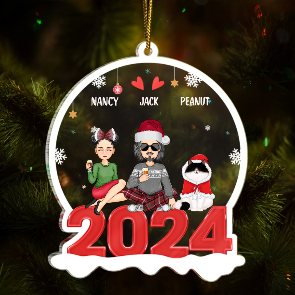 All Family With Dog Cat 2024 - Christmas Gift For Family - Personalized Custom Shaped Acrylic Ornament