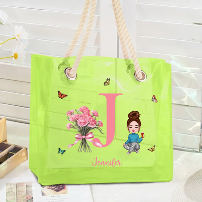 Personalised Neon Birth Flower Bouquet Cartoon Character Clear Tote Bag with Name Initial Birthday Anniversary Gift for Women Girl