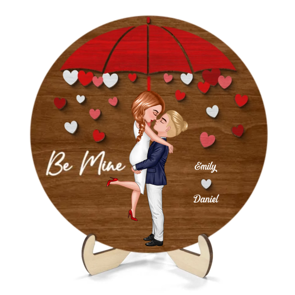 Couple Hugging Kissing Under Umbrella Valentine‘s Day Gift Personalized 2-layer Wooden Plaque