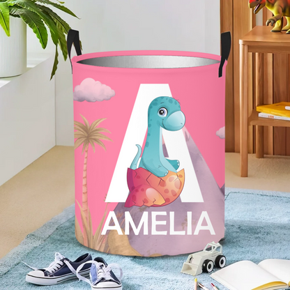 Personalised Cute Dinosaur Large Waterproof Name Initial Laundry Storage Basket with Handle Birthday Housewarming Gift for Boys Girls