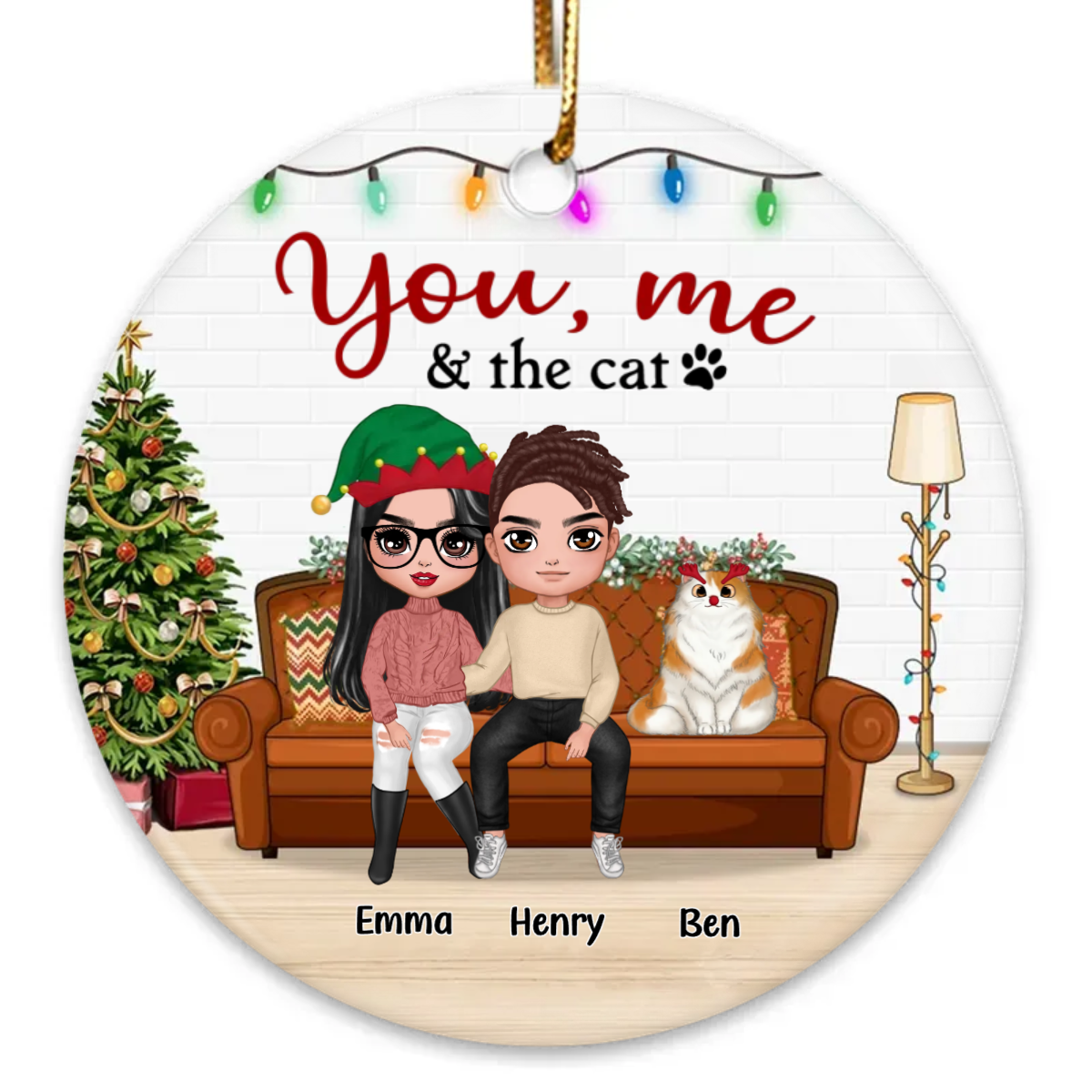 You Me & The Cats On Sofa Christmas Personalized Circle Ornament