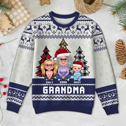 Leopard Checkered Pattern Grandma Grandkids Christmas Personalized Faux Knitting Ugly Sweater