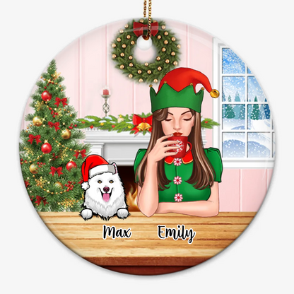 Dog Mom With Peeking Dogs Christmas Personalized Circle Ornament