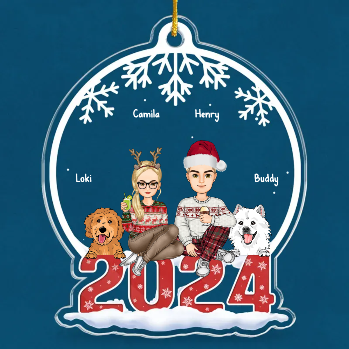 Couple & Pets Merry Christmas - Dog & Cat Personalized Custom Ornament - Acrylic Snow Globe Shaped - Christmas Gift For Pet Owners, Pet Lovers