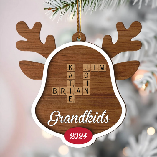 Grandkids Names Reindeer Crossword Puzzle Art Personalized Wooden Ornament, Christmas Gift For Grandma