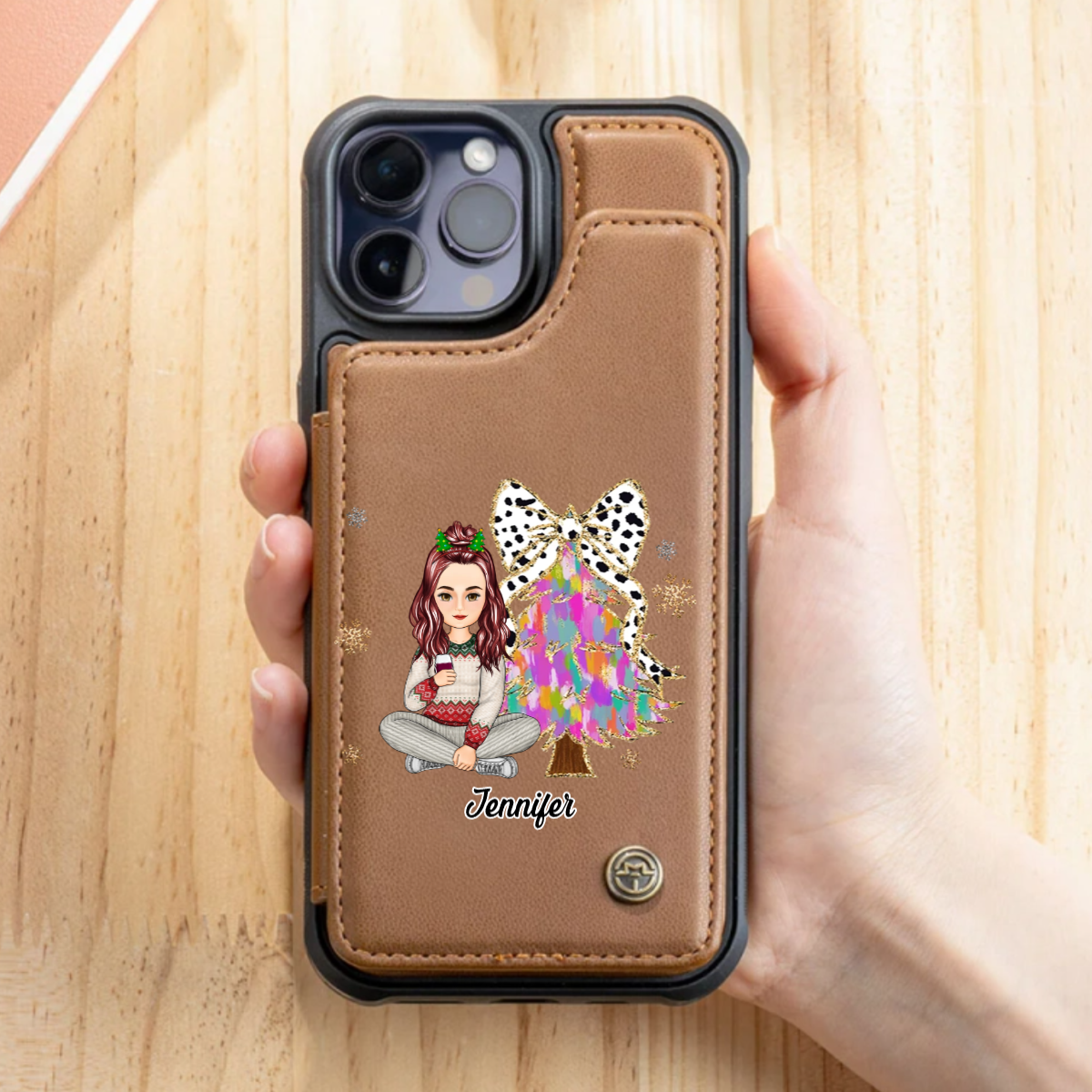 Personalised Cartoon Girl Glitter Bow Christmas Tree Leather Flip Wallet Phone Case with Card Holder and RFID Blocking Gift for Family Friend