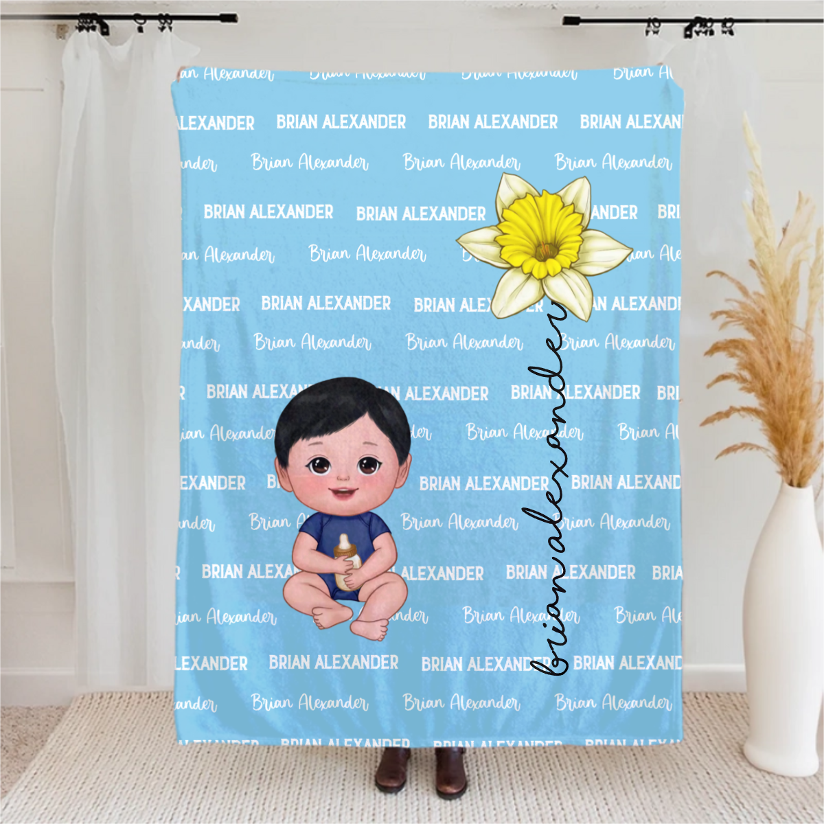 Personalised Multicolor Cute Cartoon Birth Flower Soft Throw Blanket with Name Birthday Christmas Gift for Boys Girls