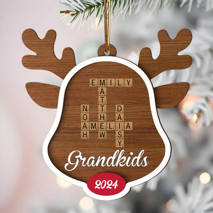 Grandkids Names Reindeer Crossword Puzzle Art Personalized Wooden Ornament, Christmas Gift For Grandma