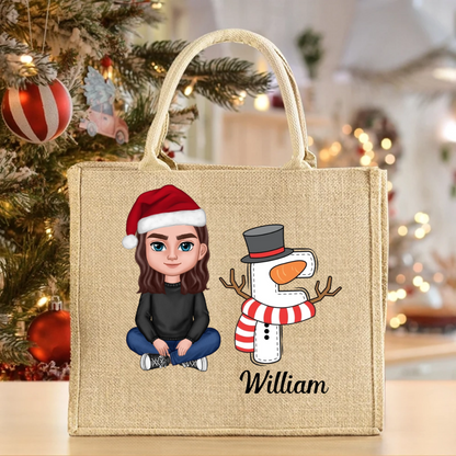 Personalised Christmas Cartoon Character Reusable Name Elk Snowman Jute Bag with Initial Christmas Birthday Gift for Family Friend