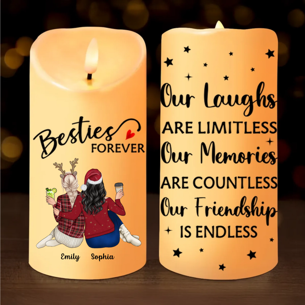 Besties Forever Message Christmas Besties Back View Personalized LED Candle