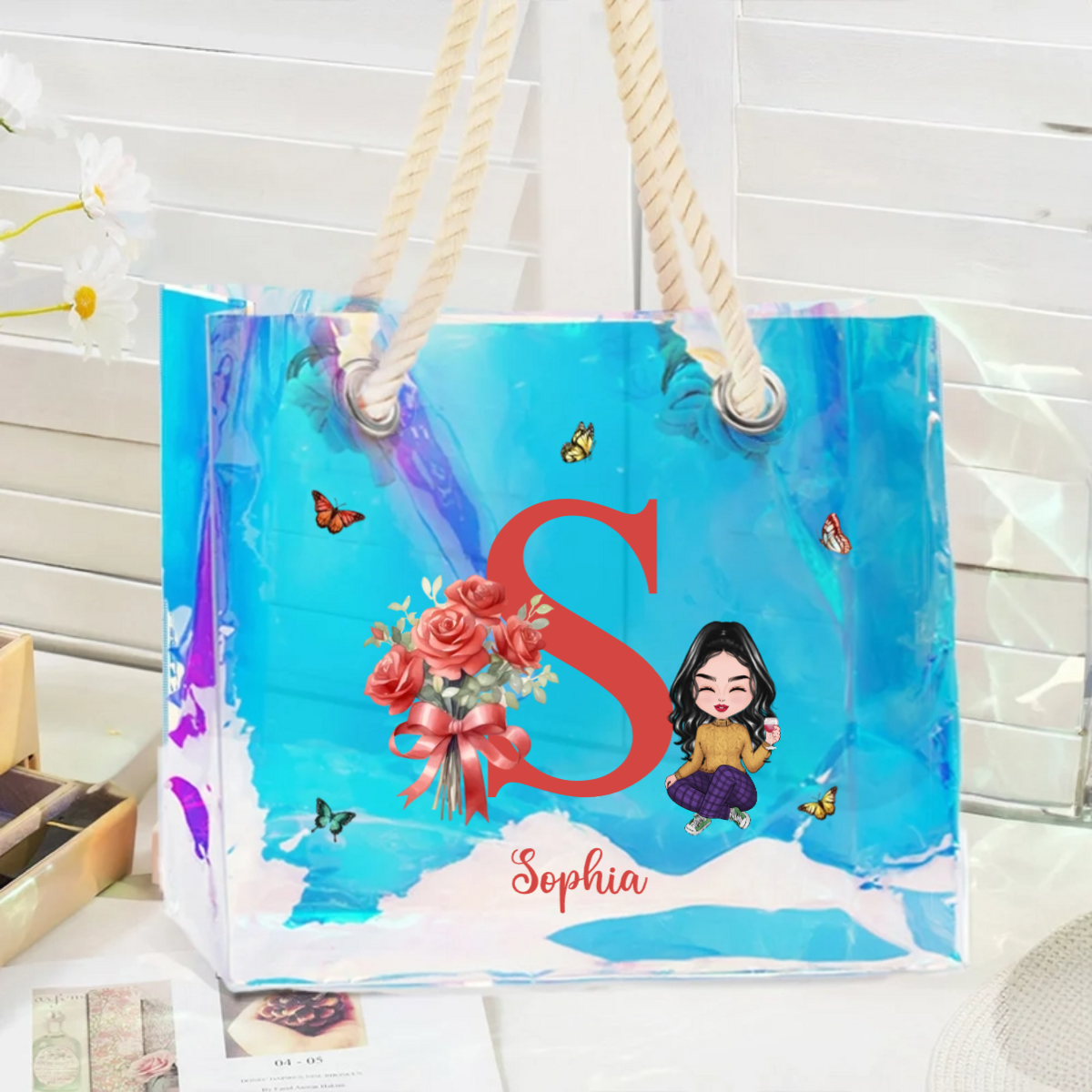 Personalised Neon Birth Flower Bouquet Cartoon Character Clear Tote Bag with Name Initial Birthday Anniversary Gift for Women Girl