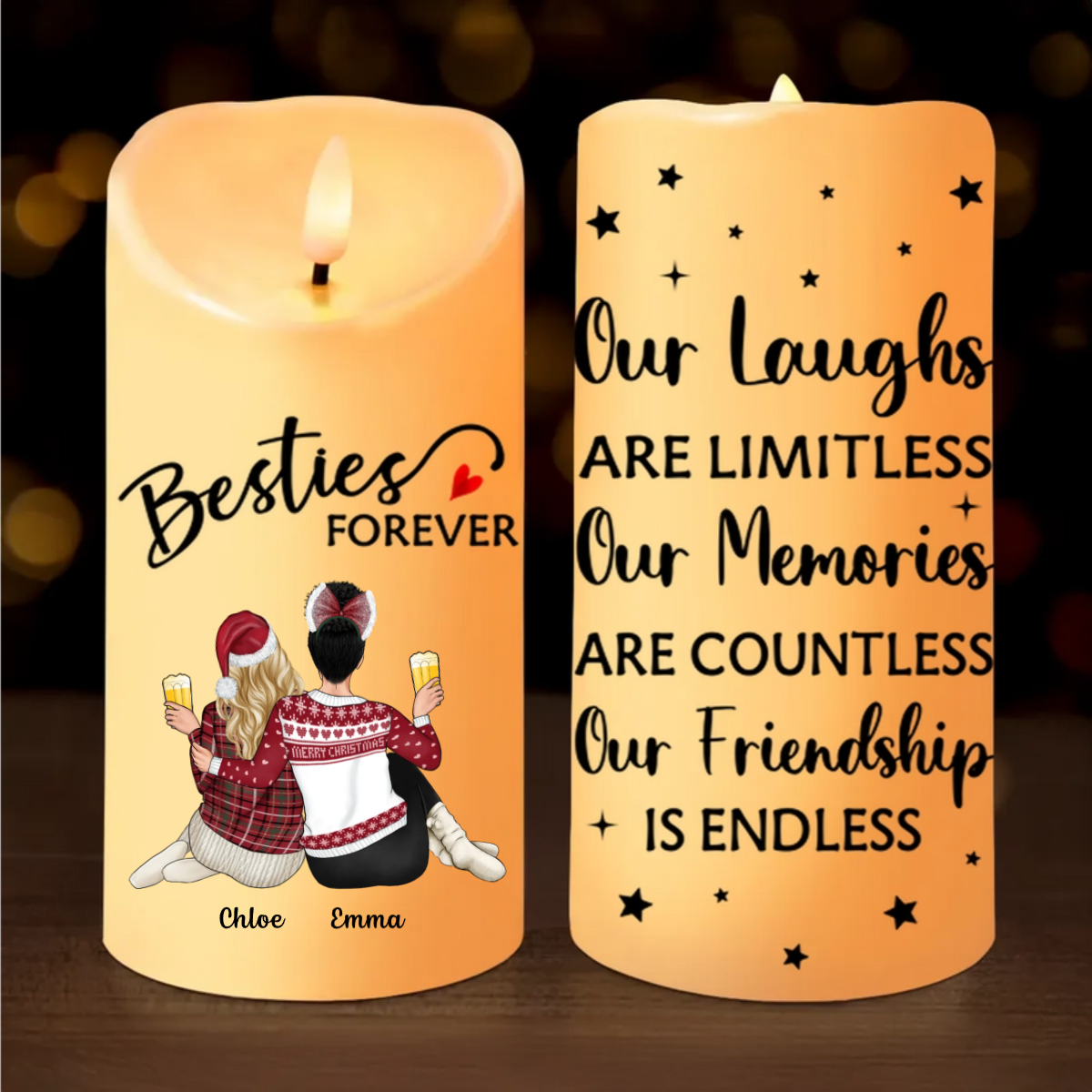 Besties Forever Message Christmas Besties Back View Personalized LED Candle