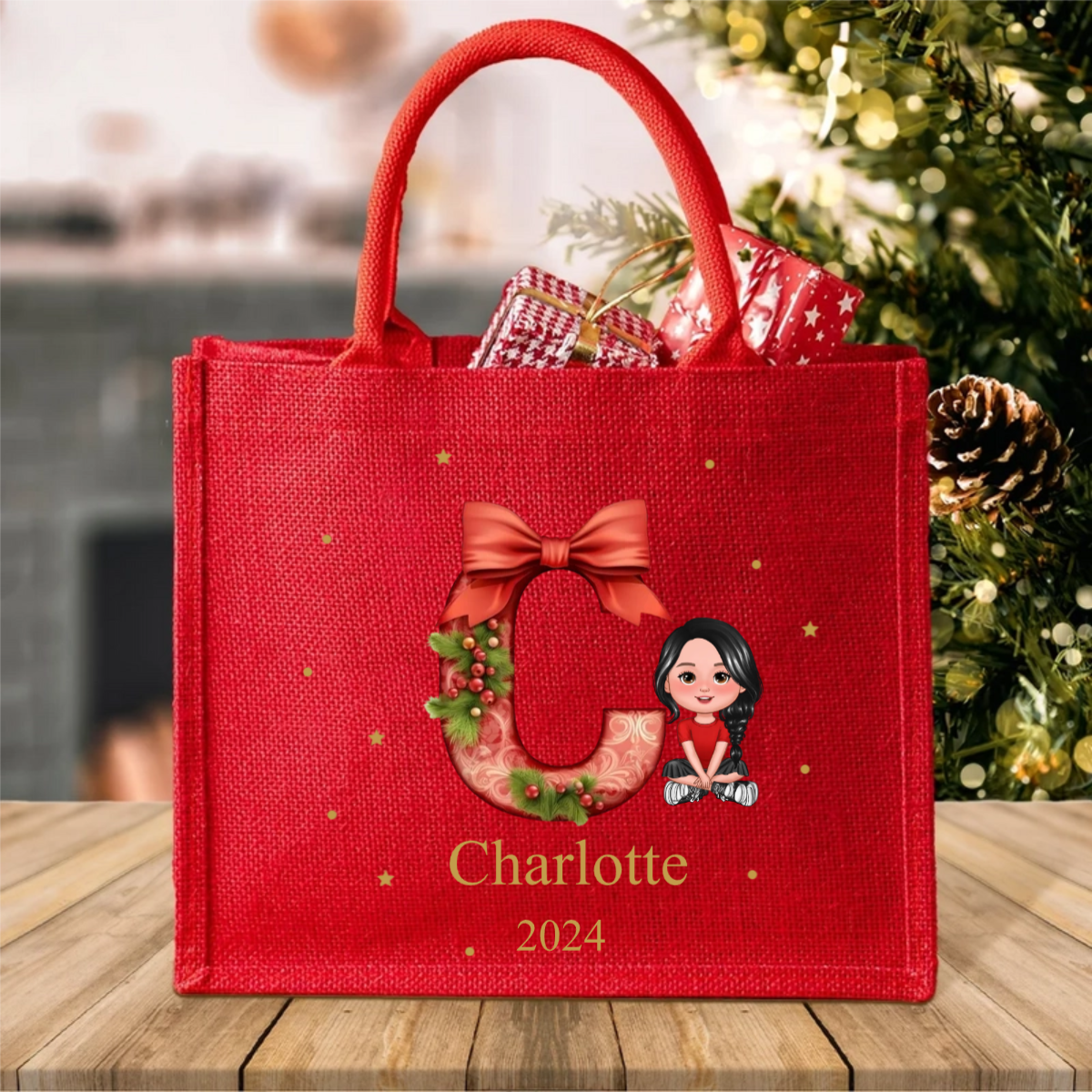 Cartoon Character Holly Bow - Personalized Jute Tote Bag