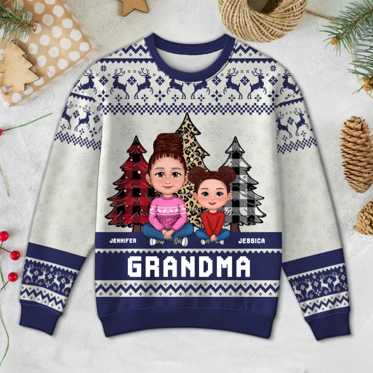 Leopard Checkered Pattern Grandma Grandkids Christmas Personalized Faux Knitting Ugly Sweater